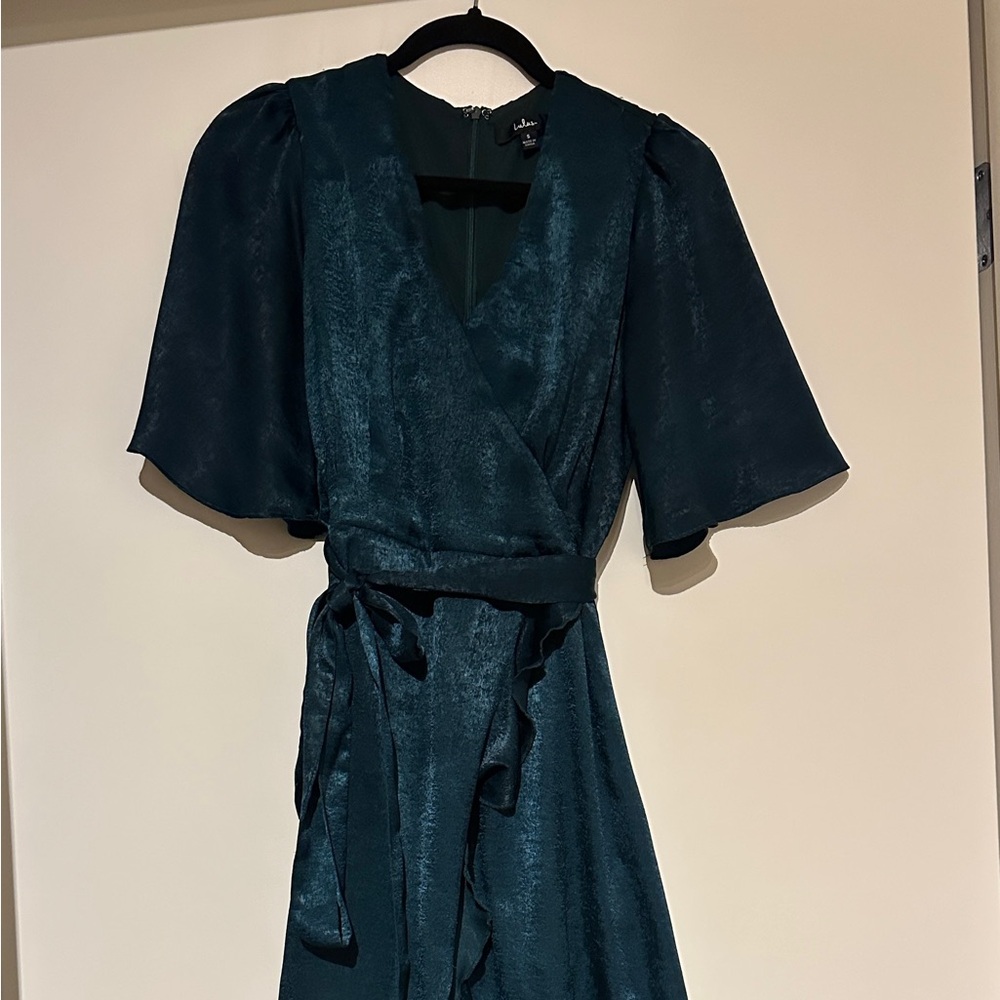 Dark Green Satin Faux-Wrap Midi Dress